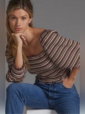 Anthropologie Smocked Striped Top With Puff Sleeves size S